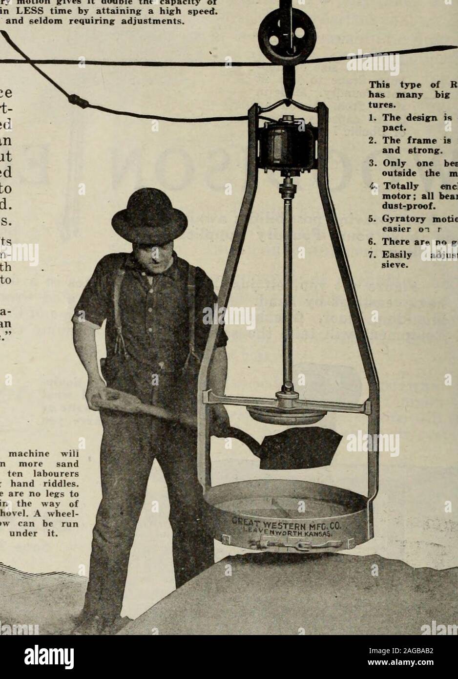 . Canadian fonditore (1921). Questa macchina willscreen più sandthan dieci laborersusing mano enigmi.Non ci sono le gambe toget nel modo della pala. Una ruota-barrow può essere runright al di sotto di esso. GREAT WESTERN Manufacturing Co. LEAVENWORTH, Kansas, U. S. A. Giugno, 1921 C UN NAD1 a N F O U N D R Y M A N Monarch forni di fusione devono il loro luogo di Leadership per una cosa che consente di risparmiare tempo Foto Stock