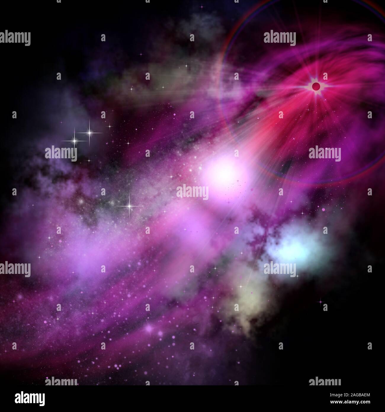Complesso rosso e rosa nubi molecolari e stelle sentiero da un enorme rosso brillante nebulosa a stella nel cosmo infinito. Foto Stock