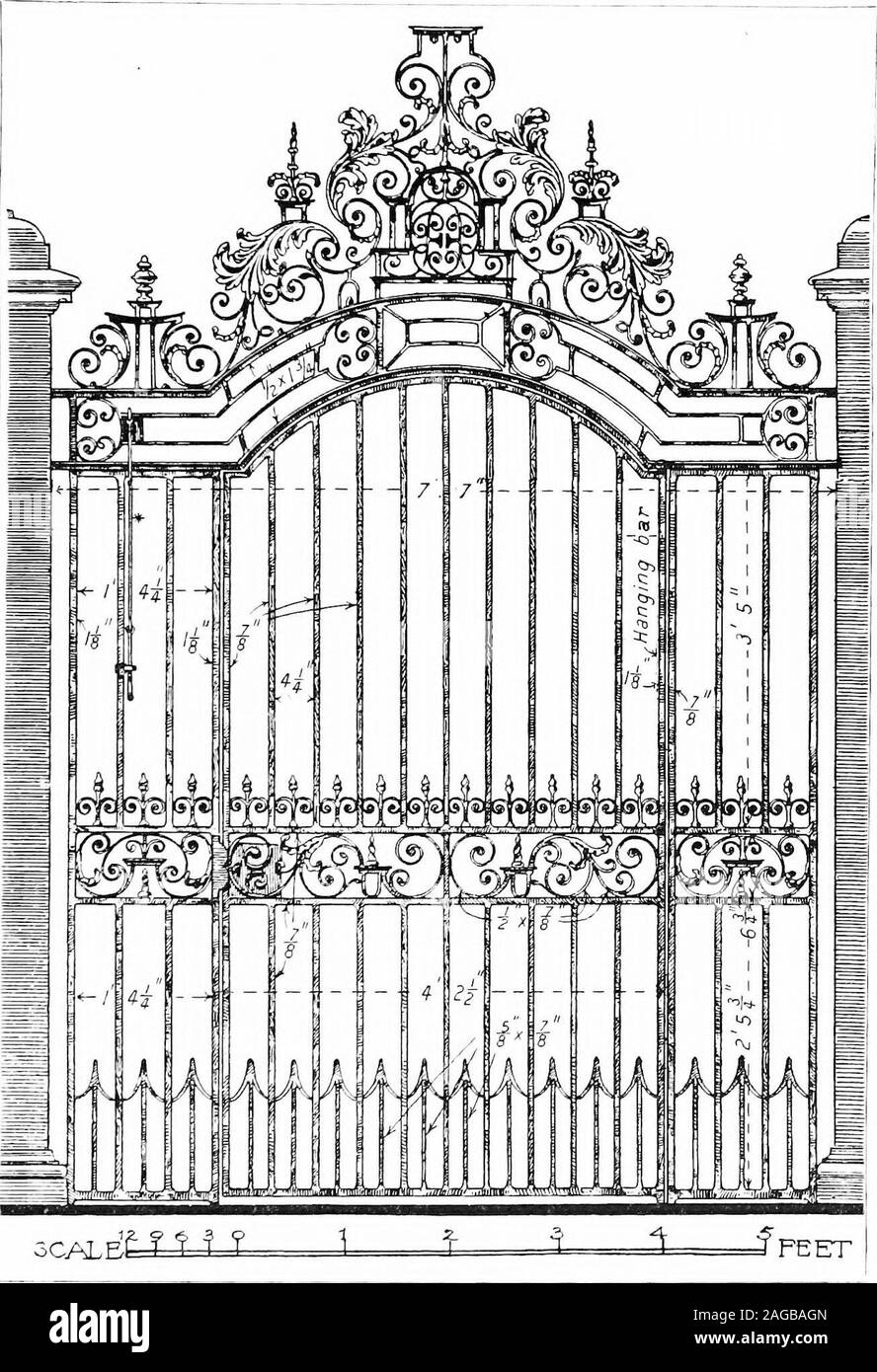 . Inglese di elementi in ferro battuto del XVII e XVIII secolo; uno storico & analytical conto dello sviluppo esterno smithcraft. (Fig. 55), con la freccia-punto dog-barre qui sotto e pulsante punti tra scorre al di sopra.La parte superiore è in questo caso un arco basso oltre il cancello ma orizzontale lungoil pannelli laterali. Nel centro è il monogramma E.J. o E.J.F.in un rettangolo a gradini con parte superiore arcuata. L'illustrazione (Fig. 55)è da una riproduzione di un disegno dal sig. G. G. Poston quandoil cancello era più perfetta rispetto al presente. Il ben-knownentrance porta a casa Sydenham, Devon, è praticamente un replicaexcept come Foto Stock