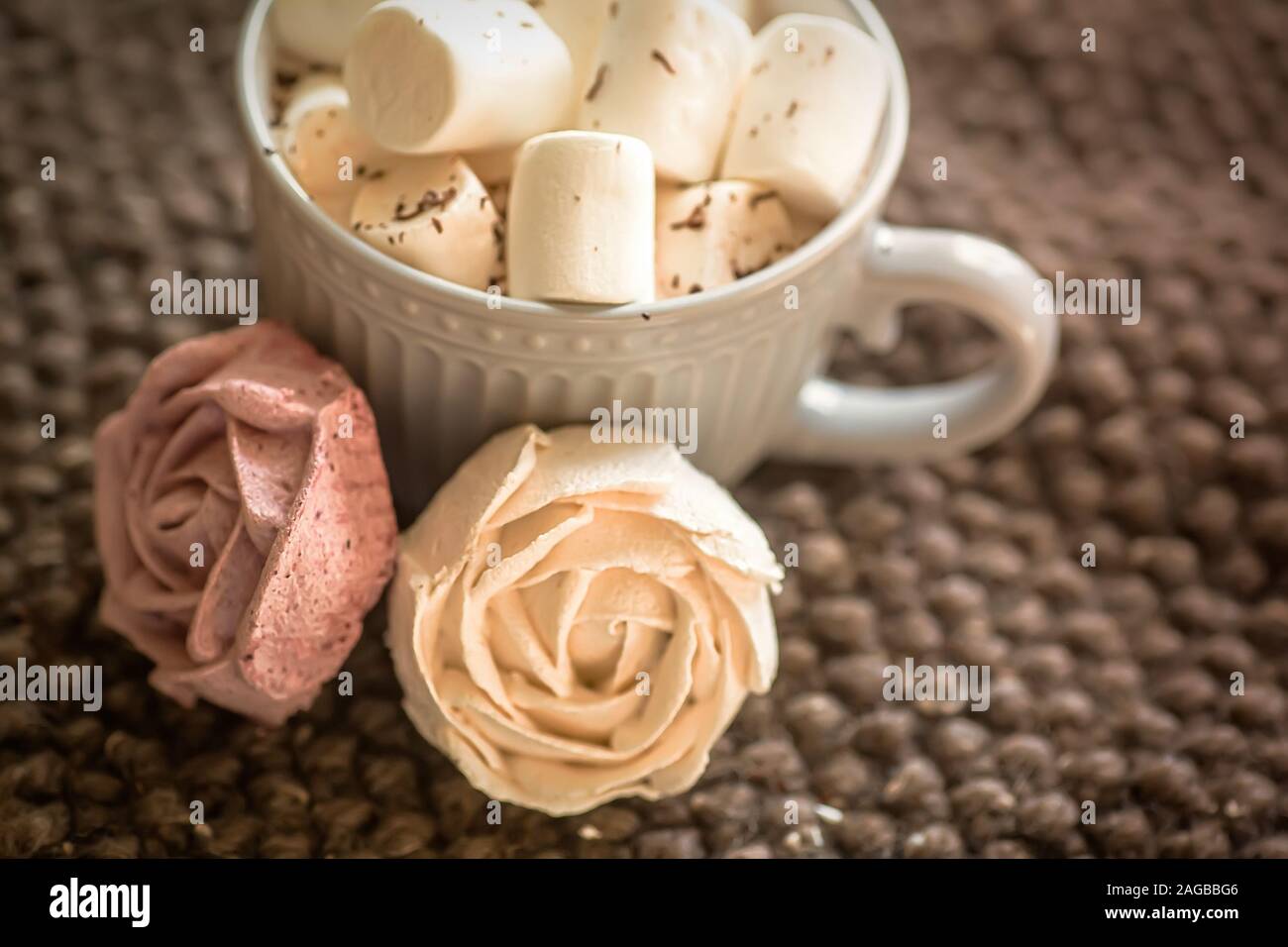 Tazza di cacao o cioccolato accanto a a forma di rosa marshmallow. Caldo accogliente piazza dello sfondo. In casa rosa marshmallow. Presente per la donna il giorno di san valentino Foto Stock