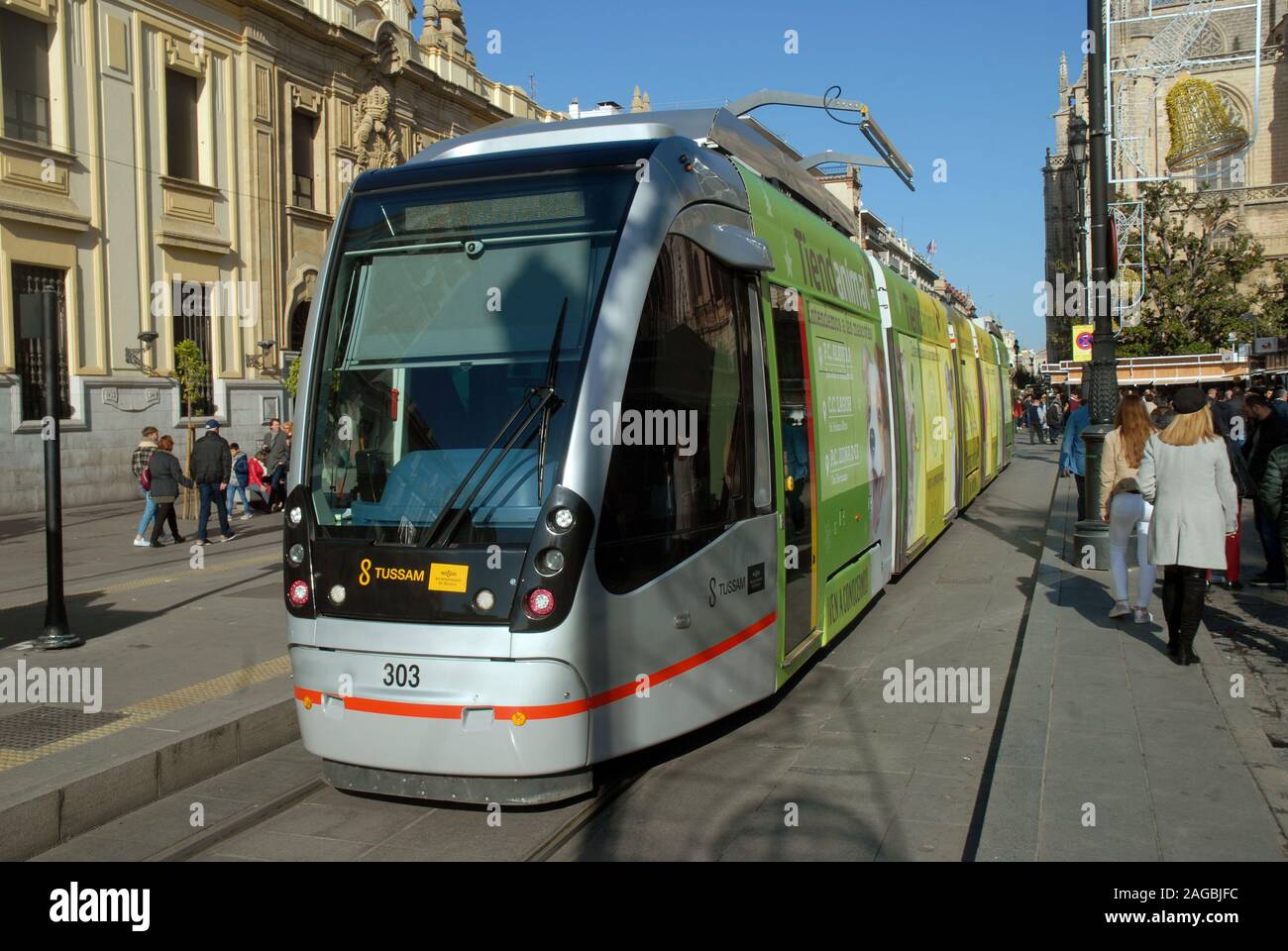 Electric MetroCentro tram, Siviglia, in Andalusia, Spagna. Foto Stock