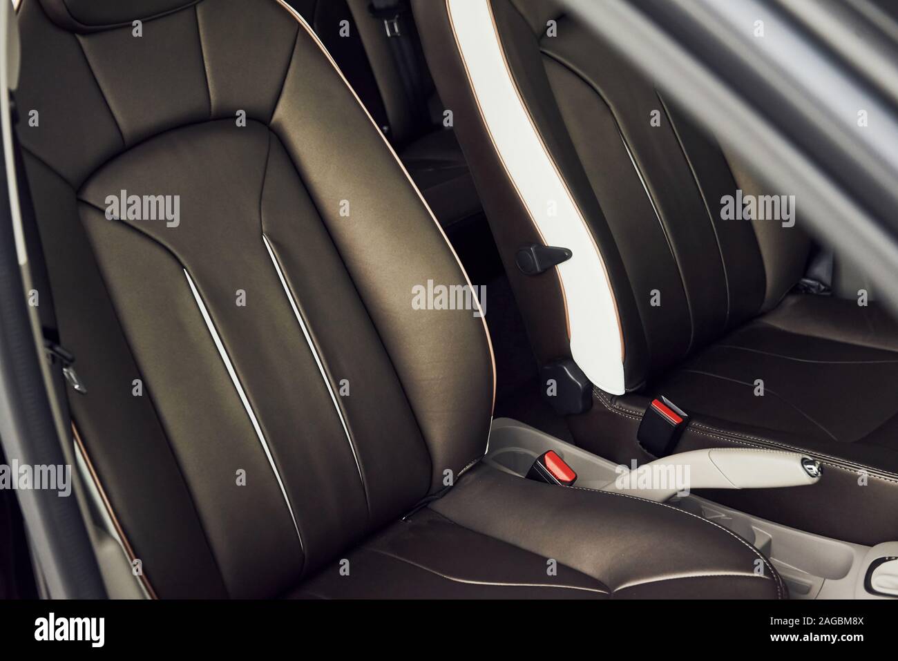 Interno del moderno nuovo di zecca auto elettriche. Vista delle particelle. Foto ritagliata Foto Stock