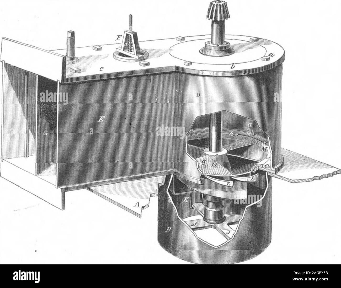 . Scientific American Volume 05 Numero 01 (luglio 1861). s paralleli con la superficie del cerchio, / e lospazio tra i due è direttamente sopra le benne,L. Quando la ruota è in funzionamento, l'acqua thatleaks passante tra i cerchioni, M /, agisce su thebuckets, L, e quindi aiuti in guida la ruota. Disposizione Bythis molto attrito è ovviata, come therims, M /, non richiedono di essere portato in stretta con-tatto in modo da formare una tenuta stagna giunto come hitheito. Mediante l'occupazione di lavalvola, F, l'acqua trovanella penstock, D, è fatta per lasciare il penstockentirely quando la porta è chiusa, la depressione whi Foto Stock