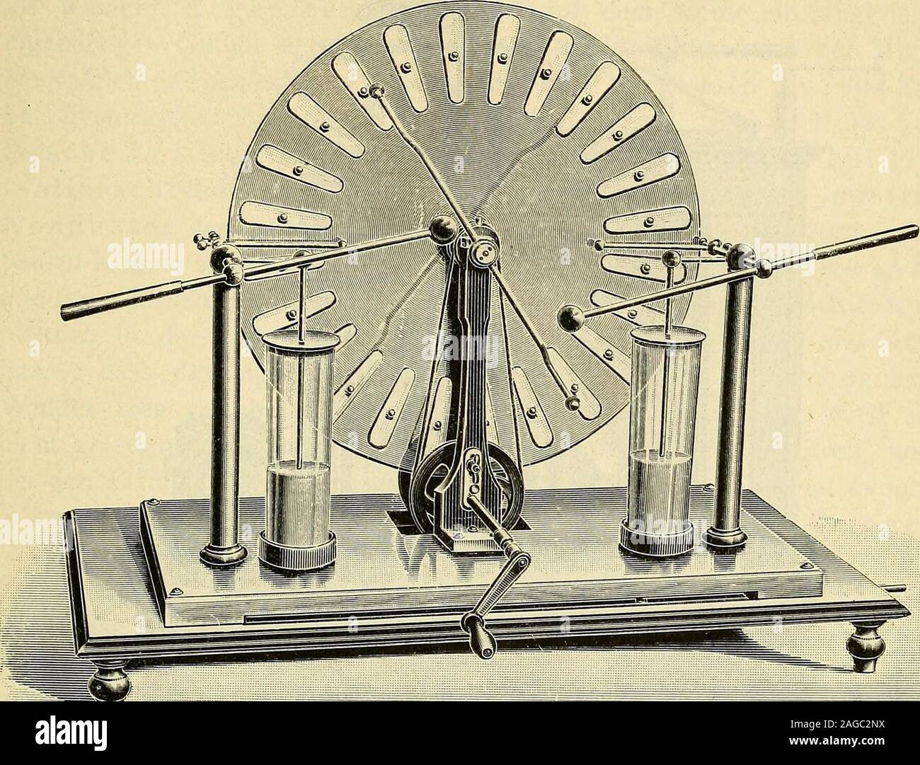 . Die Elektrizität in der Medizin und Biologie : eine zusammenfassende Darstellung für Mediziner, Naturforscher und Techniker. messer von 50 bis 60 cm, recht wohl für therapeutische Zwecke: Eine gewisse Unzuverlässigkeit je nach der Witterung, Neigung zum Polwechsel Hess sie hinter der etwas abweichenden Konstruktion von Whimshurst etwas zurücktreten. Die Whimshurstschen Influenzmaschinen, figura 98, haben zwei umdie nämliche Achse mit gleicher Geschwindigkeit gegeneinander drehbareScheiben, welche sehr gut aus Hartgummi gefertigt sein können; sindauf Sie den abgekehrten Seiten mit zahlreichen Foto Stock