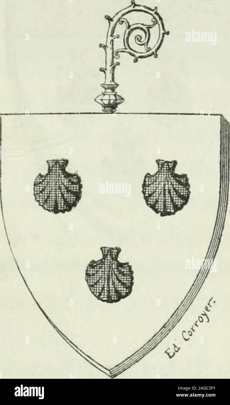 . Descrizione de l'abbaye du Mont Saint Michel et de ses abords : précédée d'une notice historique. 8. - Fragment dun carreau deterre cuite entaillée, daus trouvé les fouilles ou 1875. 1. Il faut remarquer que les coquilles qui se trouvent facilementsur la grève aux dintorni du Mont - non pas les coques blan-ches, mais les coquilles Saint-Michel - sont noires ou. de couleurbrune très-foncée. Ce sont celles qui du temps de Robert Jolivetet copiatrice devant les armes anciennes ont été reproduites commearmoiries de lAbbaye. Ces dernières coquilles , au lieu dêtrepresque demi-sphériques comme les coq Foto Stock