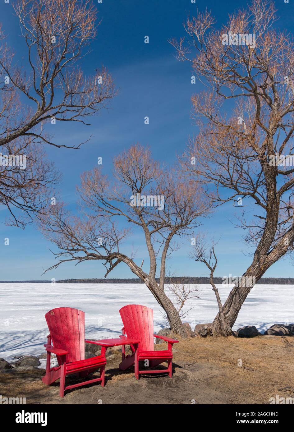 Il tardo inverno il paesaggio lungo il litorale di Clear Lake, a Wasagaming, in Riding Mountain National Park, Manitoba Foto Stock