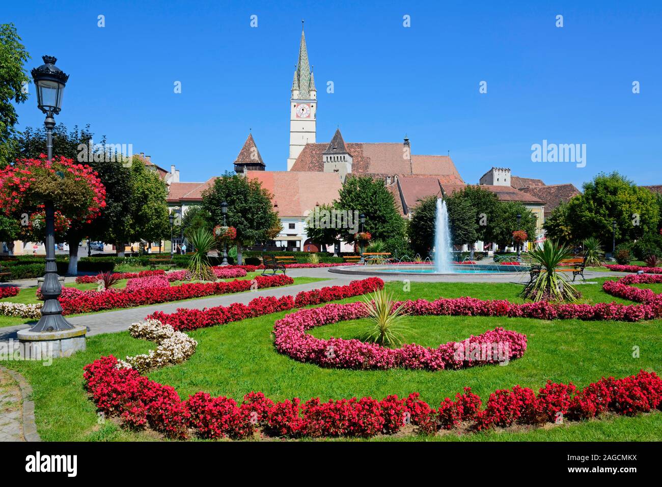 Dietro il trombettista inclinata torre del St. Margarethen Chiesa, Re Ferdinando Square, Medias, Transilvania, Romania Foto Stock