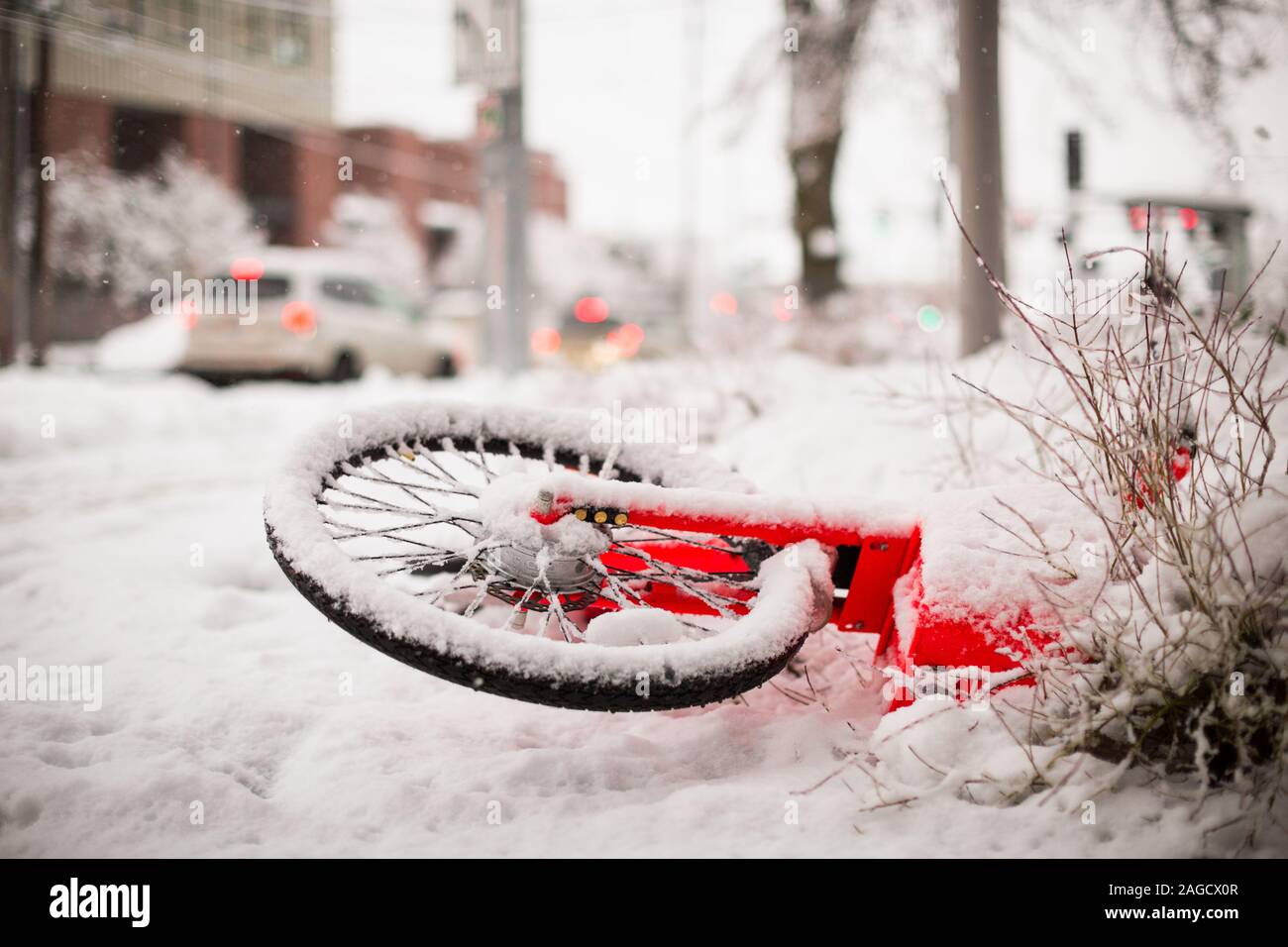 Bicicletta da strada rossa coperta di neve in una zona nevosa con uno sfondo sfocato Foto Stock
