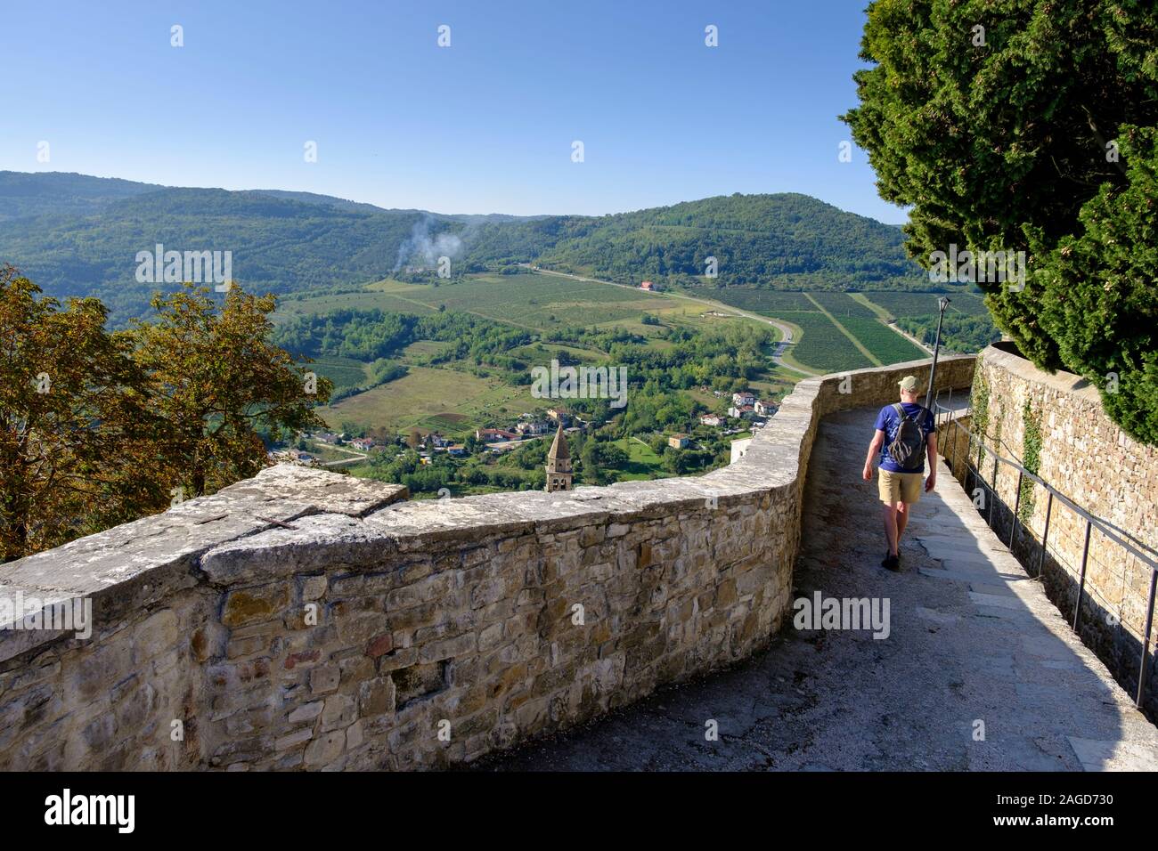 Uomo che cammina sulle antiche mura della città circostante borgo, Montona, Istria, Croazia Foto Stock