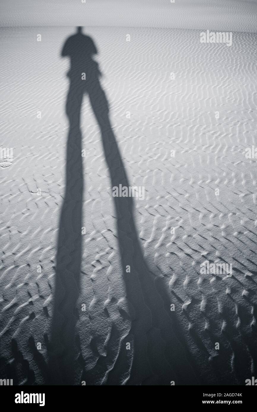 La lunga ombra di un fotografo si estende attraverso la superficie di ondulazione di una duna di sabbia. Foto Stock