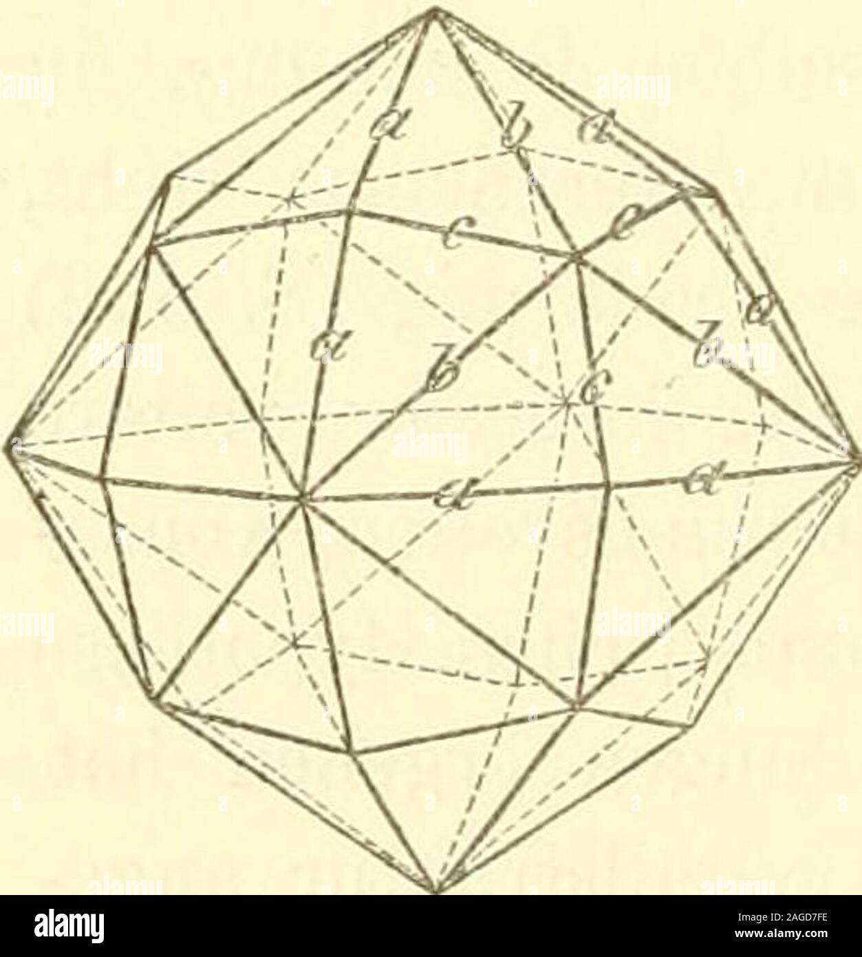 . Lehrbuch der allgemeine Chemie. , Da alle Krystallflächen parallelo sich selbst verschoben werden kön-nen, zurückführen auf m:n: 1, wo m und n nicht mehr ganze, wohl aberrationale Zahlen sind; die allgemeinste Krystallform wird dem anche Axn-verhältnis ma??a entsprechen und das Zeichen (hkl) haben, wenn h:k:l = -: -:- ist. Die Zahl der Flächen dieser forma wirdgefunden, indem man die drei Axnverhältnissepermutiert, era sechsmal möglich ist^) undden erhaltenen Permutationen auf jede das möglichArt Plus- und Minuszeichen giebt, wasacht Fälle, den acht entsprechend Oktanten,ergiebt. Im ganzen e Foto Stock