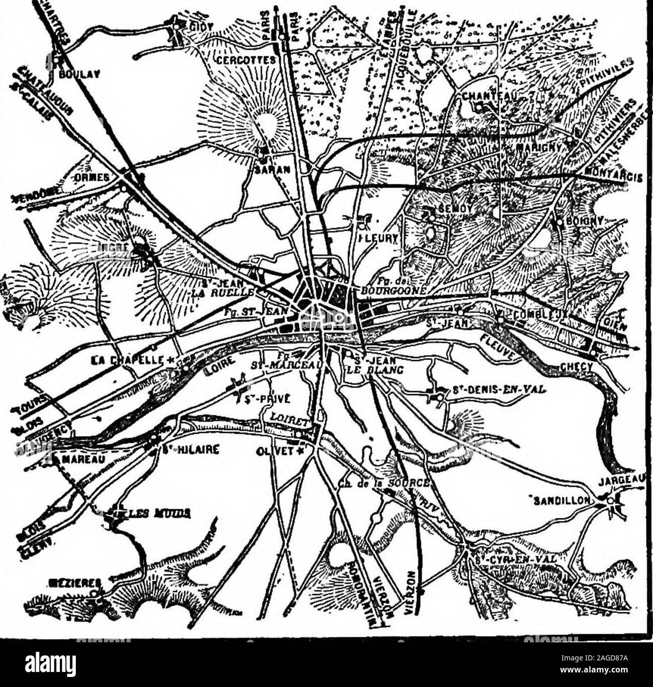 . Castelli e fortezze della vecchia Touraine e il Paese della Loira. Egli tragici giorni whichwere glorificato dalla cameriera. La campagna del Orleannais themonotony dispone di un deserto, detto un inglese trav-eller alcune generazioni fa. Egli è stato sbagliato.Per fare di lui la giustizia, tuttavia, o per fare il suo ob-riserve giustizia, egli intende probabilmente,salvare il fiume-fondo della Loira, greatplain che inizia con La Beauce e endswith Sologne ha un relativamente uninter-esting topografia. Questo è vero; ma non è adesert. La Beauce è il miglior grano-growingregion in tutta la Francia e la Sologne è ora areclaim Foto Stock