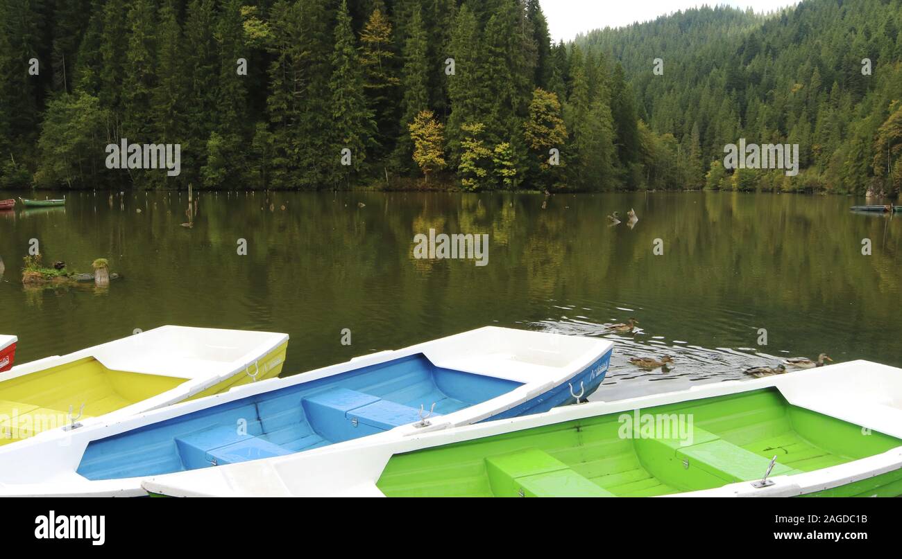 Famoso Lago Rosso con barche colorate vicino al molo a mancanza Rosu, Romania Foto Stock