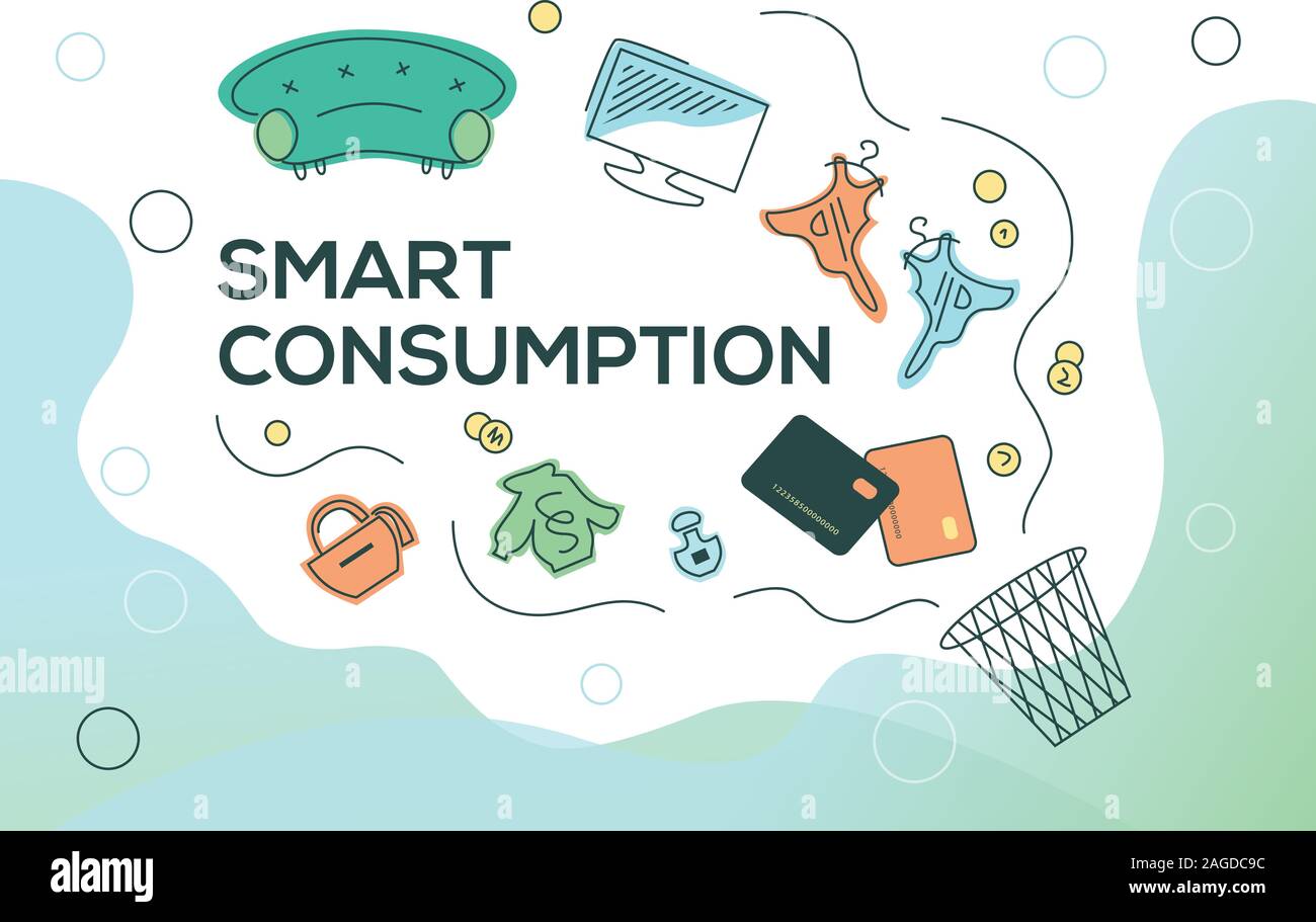 Illustrazione Vettoriale di consumo smart, acquisto shopping con benefici sostenibili. Cestino con le cose: carte, divano, vestiti, profumo, borsa Illustrazione Vettoriale