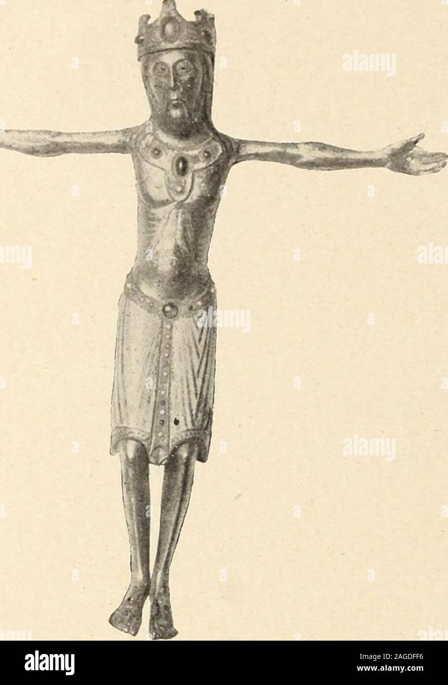 . Objets d'art et de haute curiosité de l'antiquité, du Moyen Age et de la Renaissance. onté à charnières, surmonté dune croix. Sa déco-razione consiste en médaillons circulaires, renfermant des rosoni réservéessur fond démail, alternant avec dautres médaillons en forme décussonsoffrant des freccette et des pals. Sur le couvercle, quatre écussons bandés oupaies, alternant avec des rinceaux réservés. Limoges, xiif^ siècle. Haut, 11 cent. 148 - Pyxide, champlevé cuivre et émaillé. Cylindrique, à couvercle coniqueterminé par une croix, elle est décorée de médaillons circulaires ren-fermant des cr Foto Stock