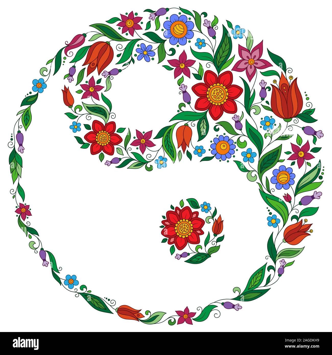 Disegnato a mano fiore ornato nella corona di foglie con Yin e yang Tao simbolo. Vettore isolato illustrazione. Elemento di invito. Tatuaggio, astrologia, alc Illustrazione Vettoriale