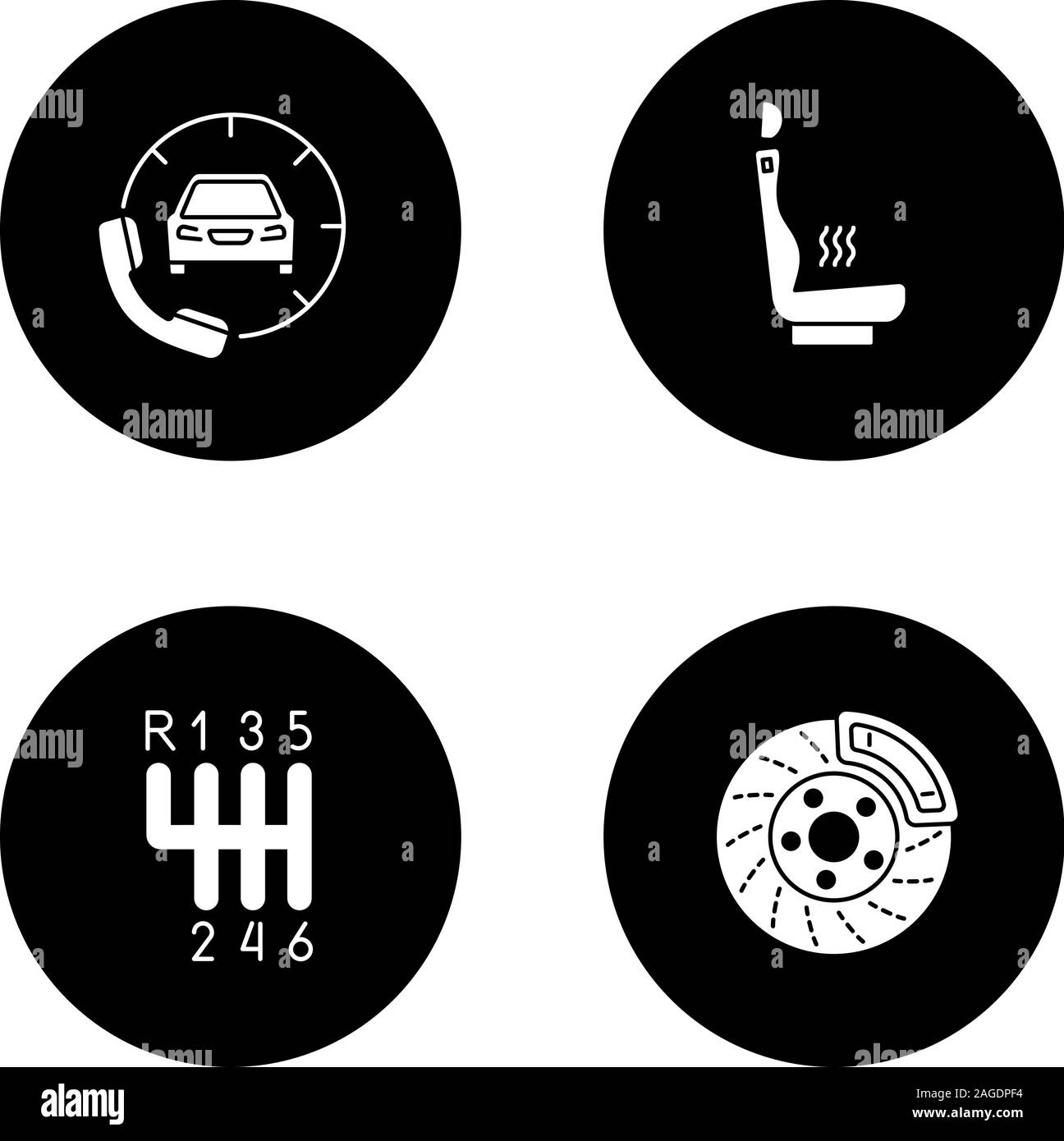 Auto officina glifo set di icone. Auto con ricevitore, riscaldati sedile auto, marcia stick, freno a disco. Vettore silhouette bianca illustrazioni di cerchi neri Illustrazione Vettoriale