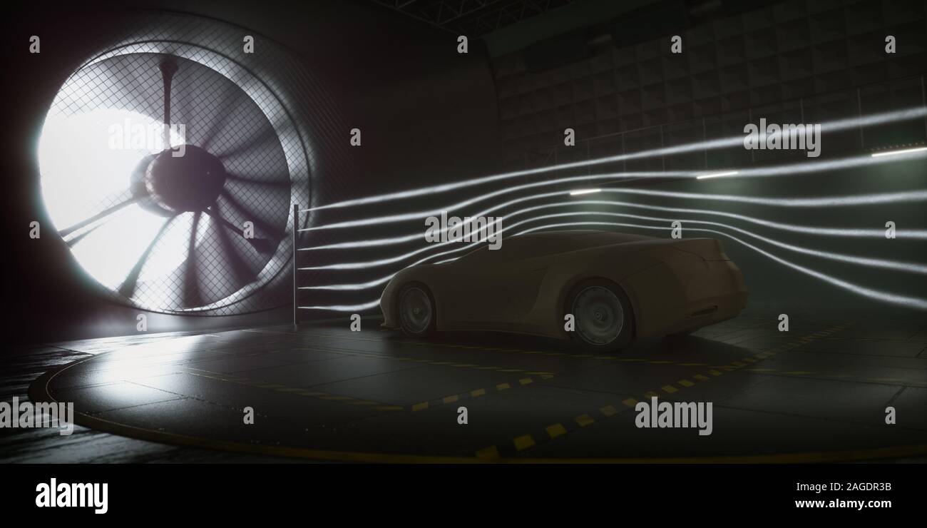 Imaginary auto sportiva, modellato e creato utilizzando il software CAD. Prototipo concettuale all'interno tunnel aerodinamico. Foto Stock