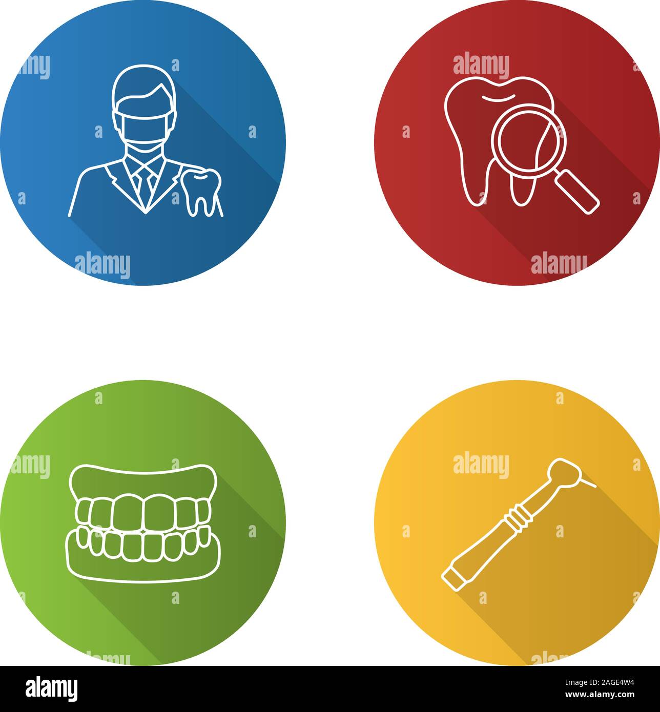 Odontoiatria lineare piana lunga ombra set di icone. Stomatologia. Il dentista denti controllare, di dentiera, trapano dentistico. Vettore illustrazione di contorno Illustrazione Vettoriale