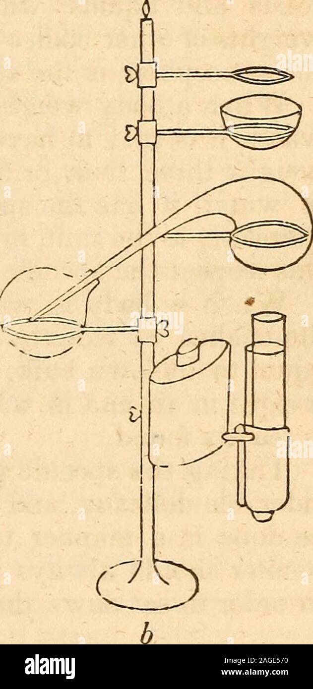 . Elementi di chimica ... n, piombo essendo più leggero di quicksilver, se abullet dell'ex essere affondato in una nave di quest'ultima, esso willrise alla superficie. Su questo principio di palloncini salire ; thehydrogen con cui essi sono caricati essendo 13 timeslighter rispetto all'atmosfera, l'ex è costretto upwardsby la pressione di quest'ultimo. 254. Una lampada forno, Fig. 48, isone di più indispensabile ar-ticles in un apparecchio chimico. Itconsists di una barretta di ottone o ferro,la metà circa un pollice di diametro,e tre o quattro piedi lungo,avvitato a un piede del samemetal, o a un pezzo pesante ofwood. Su questo Foto Stock