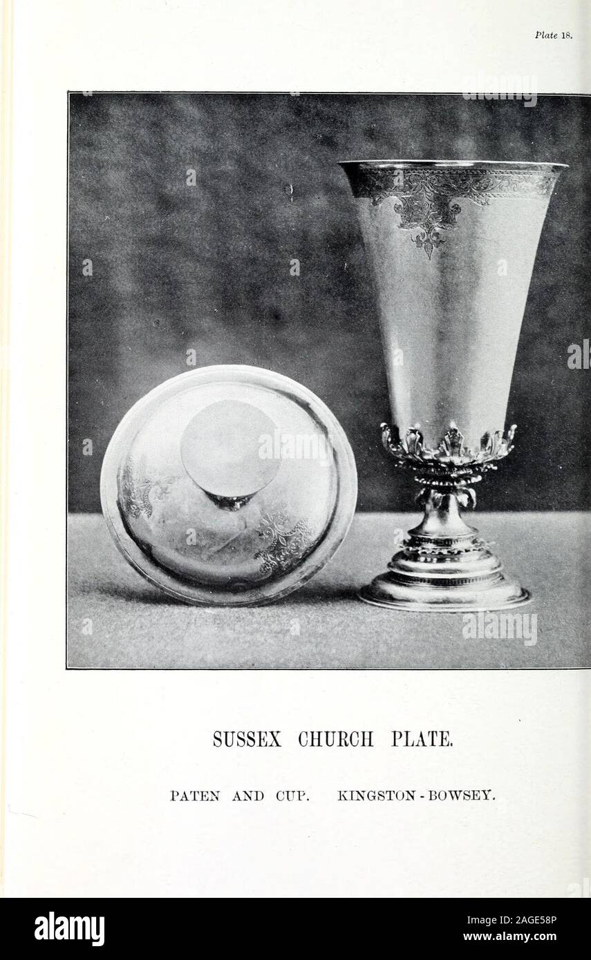 . Sussex collezioni archeologiche relative alla storia e antichità della contea. humb-pezzo, e spreadingfoot, inscritto round frontale del corpo, il dono di Giovanni Ovenden,cur/t-Perpoint, 1725. Un Piatto per elemosine di argento. Diametro 9£ pollici; peso 14-oz.15-modelli Web dinamici.; hall segna per l'anno 1774 ; makers mark C.W. (Chas.Wright, vedere Jackson, p. 198). Una semplice piastra concava con ogeemolding sul bordo, inscritto al di sotto, Maria e AnnBeard alla chiesa parrocchiale di Hurst-Pierpoint, 1775. Un Piatto per elemosine di argento. Diametro 9| pollici; peso 14-oz.10-modelli Web dinamici.; hall segna per l'anno 1846. Una copia di sopra andinscri Foto Stock