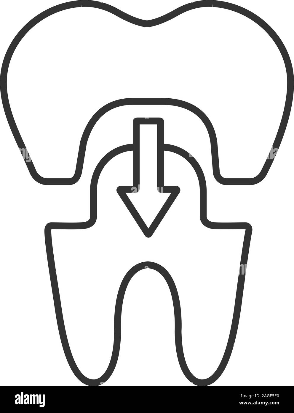 La corona dentale con freccia giù icona lineare. Linea sottile illustrazione. Restauro del dente. Simbolo di contorno. Il vettore isolato disegno di contorno Illustrazione Vettoriale