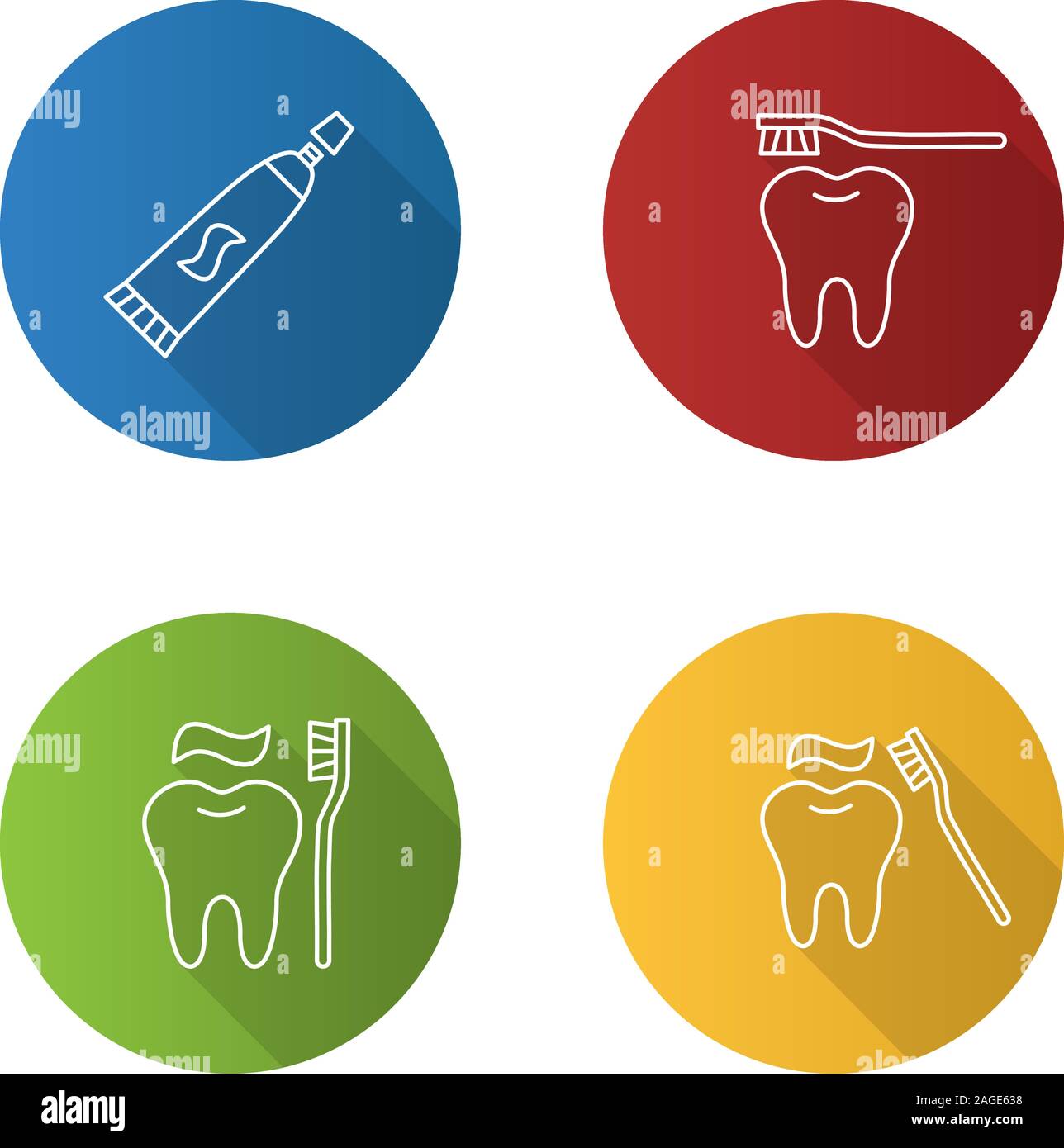 Odontoiatria lineare piana lunga ombra set di icone. Stomatologia. Il dentifricio e corretto di spazzolamento dei denti. Vettore illustrazione di contorno Illustrazione Vettoriale