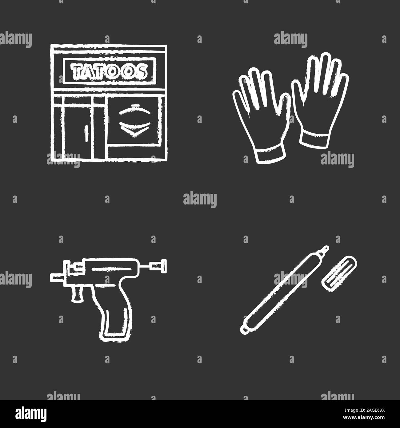 Tattoo studio chalk set di icone. Servizio di perforazione. Salotto Tattoo esterno, guanti medicali, piercing gun, evidenziatore. Vettore isolato chalkboard illust Illustrazione Vettoriale