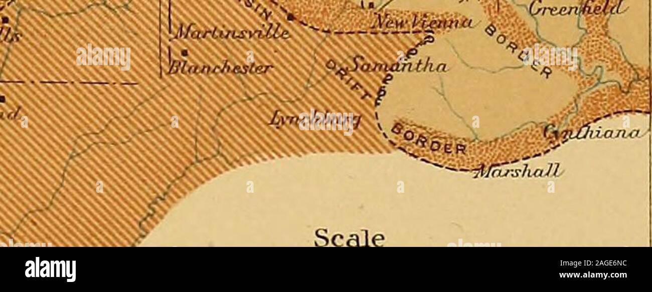 . Formazioni glaciali e caratteristiche di drenaggio del Erie e bacini di Ohio. /-V • <- i^ J. *-ilininiiti)n , ^ IlinjjA/i//.-.- JIXCIXXATI Loiirr,,.,-/,,,,,, Ho ^-t- gikp. Foto Stock