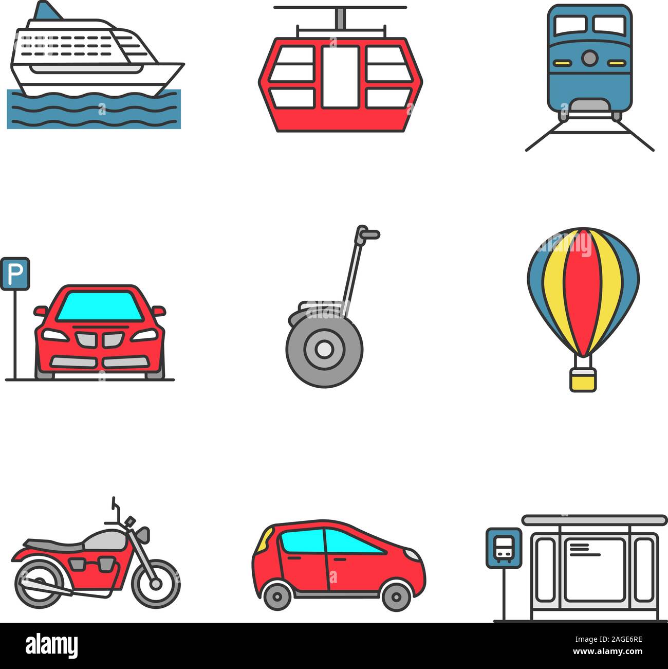 Trasporti pubblici le icone a colori set. Le modalità di trasporto. La nave di crociera, funicolare, treno, zona di parcheggio, segway, mongolfiera, moto, auto, bus statio Illustrazione Vettoriale