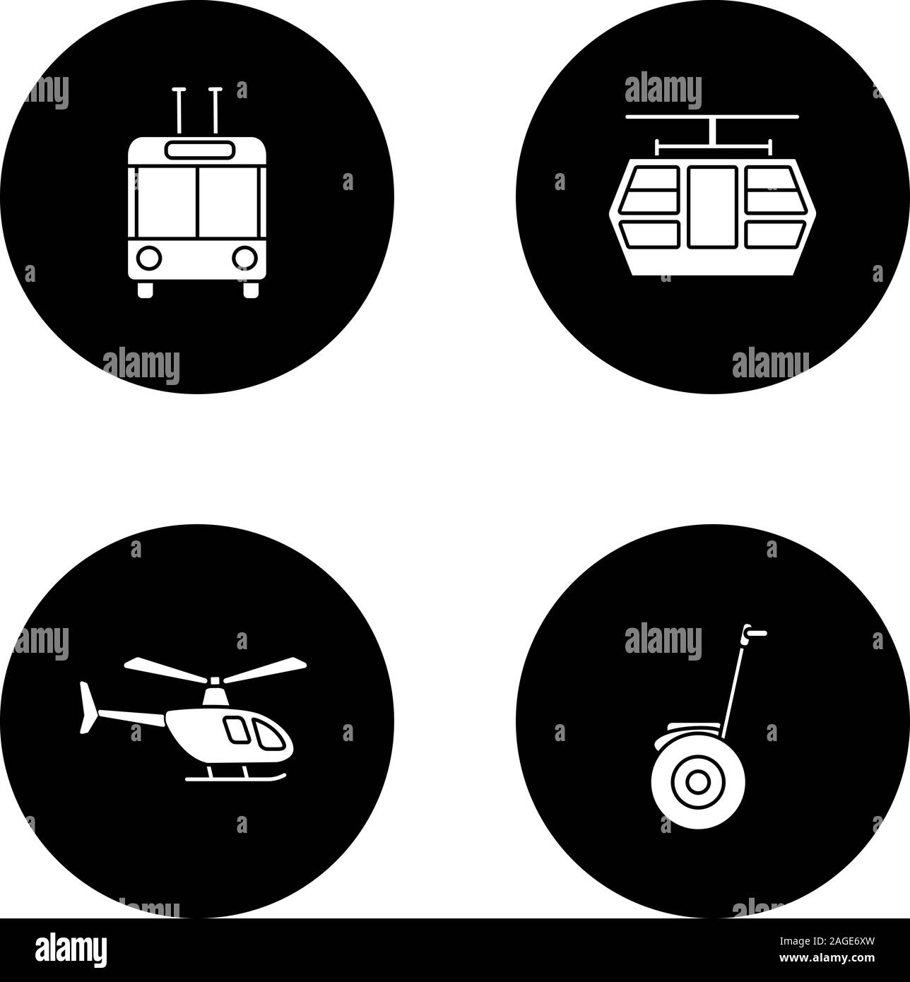 I mezzi di trasporto pubblici glifo set di icone. Le modalità di trasporto. Filobus, funicolare, elicottero, segway. Vettore silhouette bianca illustrazioni in nero circl Illustrazione Vettoriale