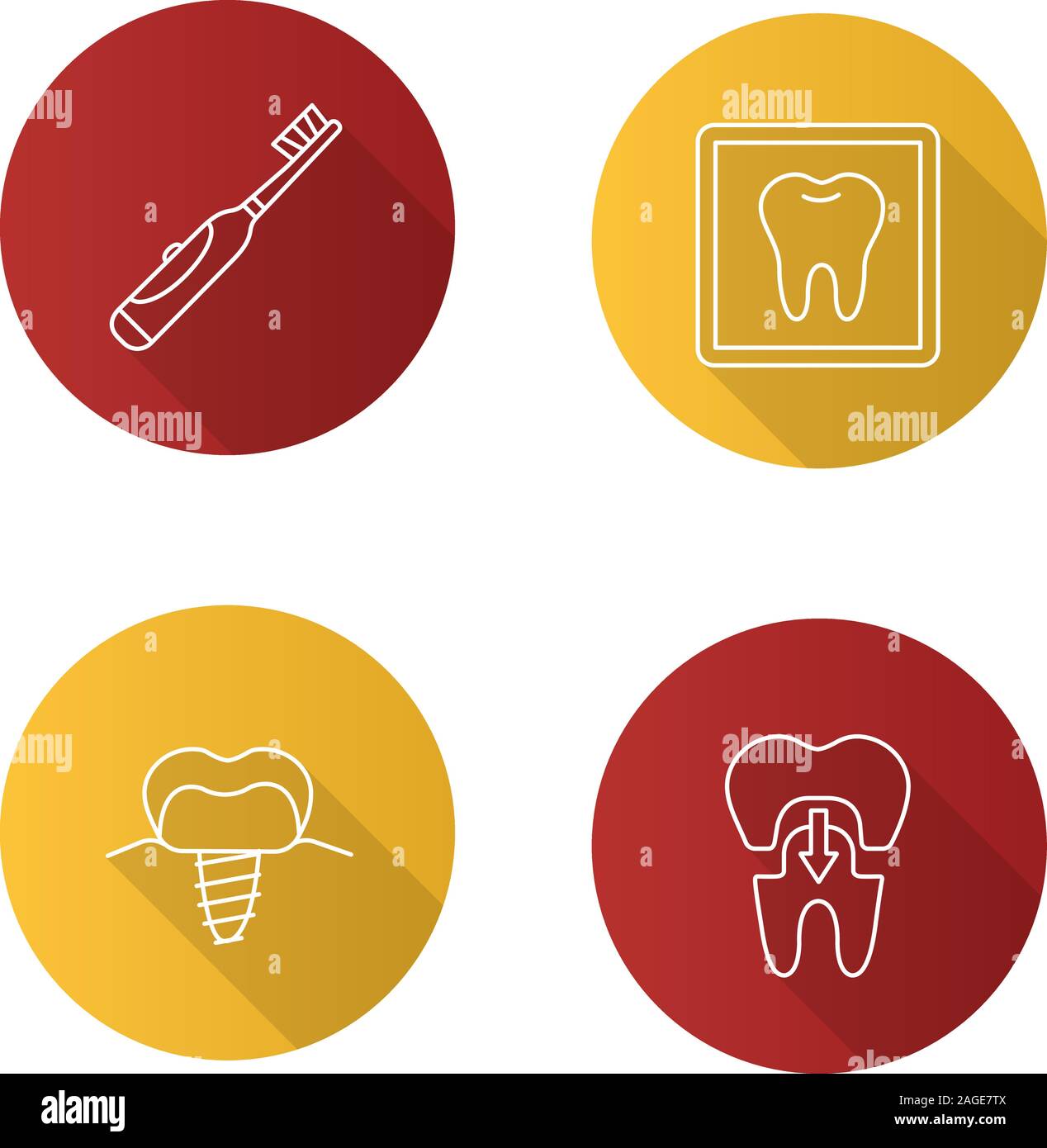 Odontoiatria lineare piana lunga ombra set di icone. Spazzolino da denti elettrico, denti x-ray, impianto stomatologico, la corona dentale. Vettore illustrazione di contorno Illustrazione Vettoriale