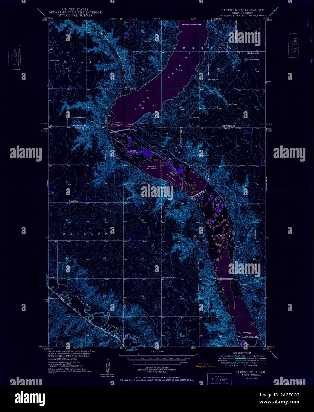 USGS TOPO Map North Dakota ND Carpio NE 283646 1949 24000 Restauro invertito Foto Stock