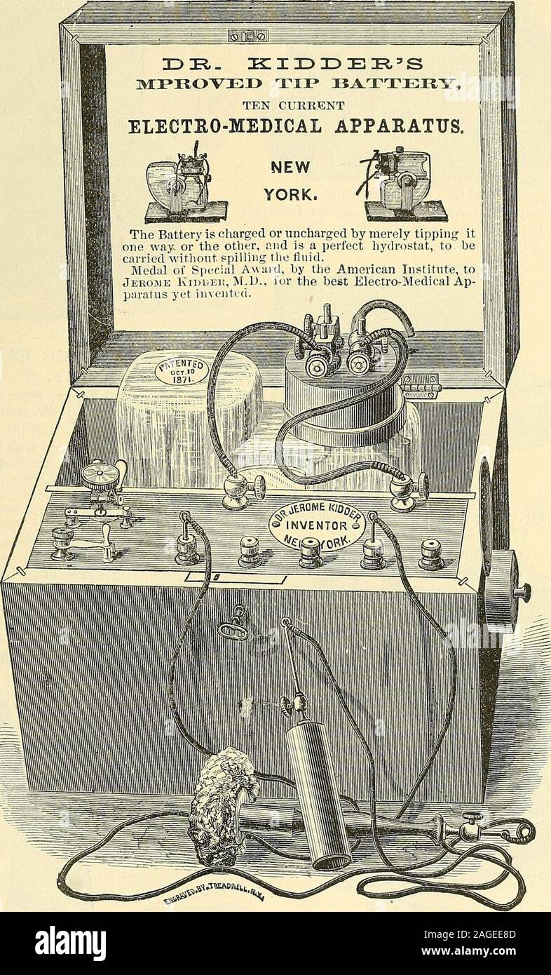 . Catalogo di Sharp & Smith : importatori, produttori, grossisti e rivenditori di strumenti chirurgici, deformità apparecchiatura, arti artificiali, gli occhi artificiali, calze elastiche, capriate, stampelle, sostenitori, galvanica e batterie faradic, ecc., i chirurghi' apparecchi di ogni descrizione. Fig. 5281.-Kidders n. i medici, apparecchiature per ufficio, di grandi dimensioni, $50 00. ©ARPA & Smith, agenti occidentali,73 Randolph Street, Chicago, ill. SHARP & Smith, Chicago. 835 batterie elettriche e apparecchiatura. Batterie KIDDERS-sconto del 20 per cento. Fig. 5282.-Kidders Punta perfezionata batteria I27 00 SHARP & SMITH Foto Stock