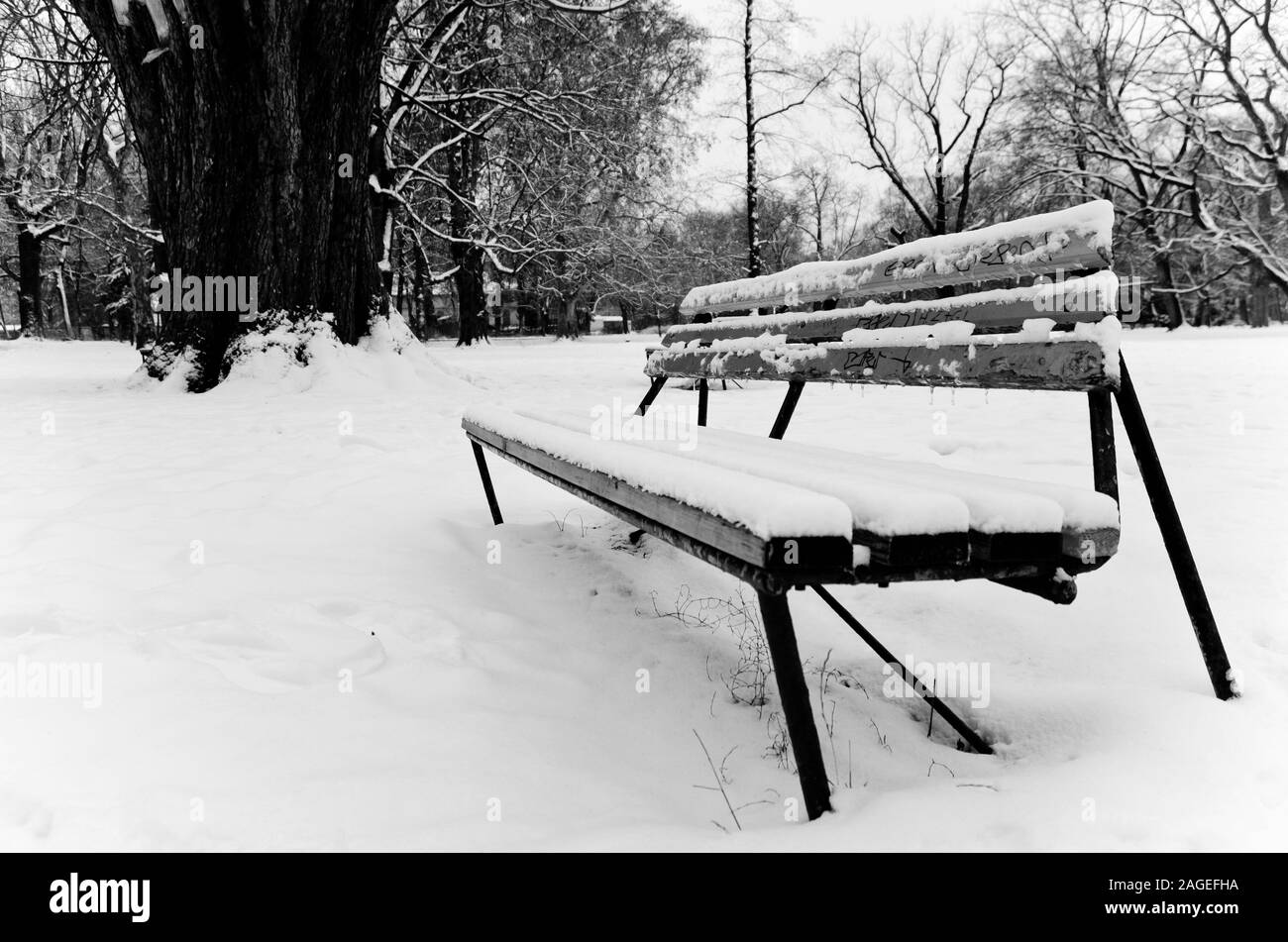 Immagine in scala di grigi di una panchina coperta di neve nel parcheggia in inverno Foto Stock