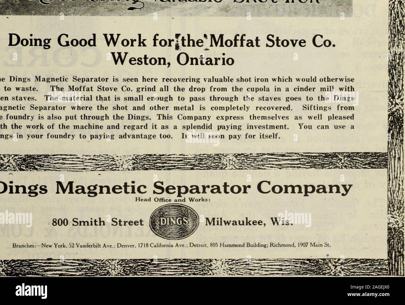 . Canadian fonditore (1921). Facendo un buon lavoro per[i*Moffat stufa Co. Weston, Ontario le ammaccature separatore magnetico è visto qui recuperando preziose shot di ferro che avrebbe otherwisego per rifiuti. La stufa a Moffat Co. macinare tutti i drop dalla cupola in un mulino di scorie withopen doghe. Il materiale che è sufficientemente piccole da passare attraverso le doghe va al DingsMagnetic separatore dove il tiro e altro metallo è completamente recuperata. Scarti di setacciatura dal recinto fonderia è mettere anche attraverso le ammaccature. Questa società si esprimono come ben pleasedwith il lavoro della macchina e di considerarlo come una splendida payi Foto Stock