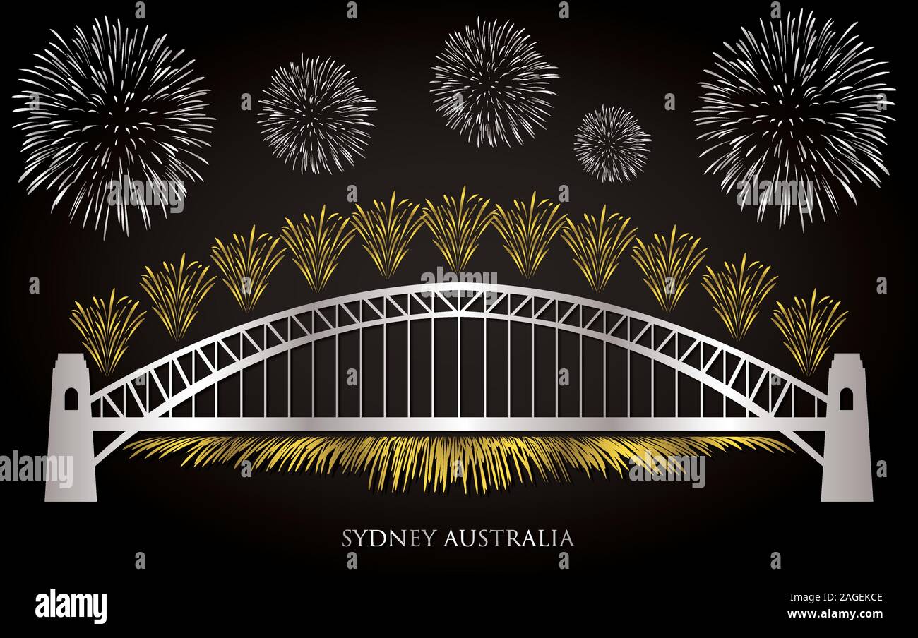 Elegante oro e argento Sydney fuochi d'artificio card in formato vettoriale. Illustrazione Vettoriale