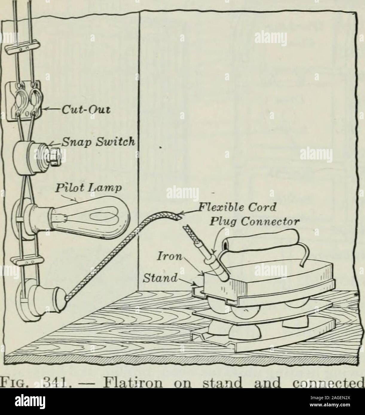 . Un elementare libro su elettricità e magnetismo e loro applicazioni. ard un elettrico flatiron con la cur-affitto. Esso ha beenfound che il ferro-ing superficie di theordinary electricallyheated ferro dovrebbe beoperated a circa 500°F., se è da stirare usedfor panno umido.Ma se la stiratura sur-volto non è usato ei calore cosi dissi-pated, sarà spesso getred caldo a meno di 15minuti. Questo makesit desiderabile utilizzare anindicating o pilotlamp collegati in più in un circuito di riscaldamento, come mostrato nellafigura 341, in modo tale che quando la corrente è acceso, il lampwill essere illuminato. Mentre ele Foto Stock