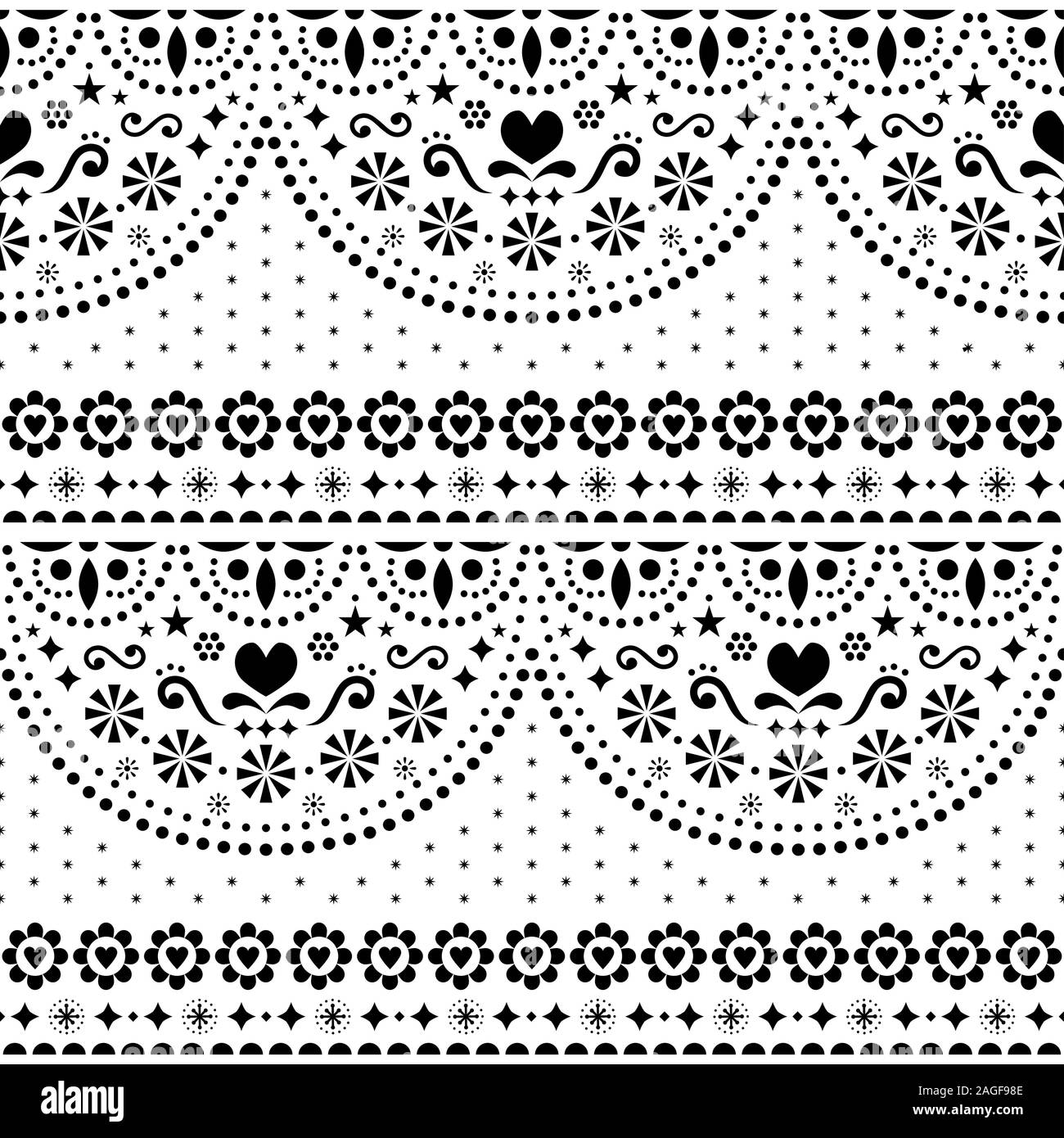 Arte popolare messicana vector seamless pattern con fiori e forme geometriche ripetitive monocromatico design tessile Illustrazione Vettoriale