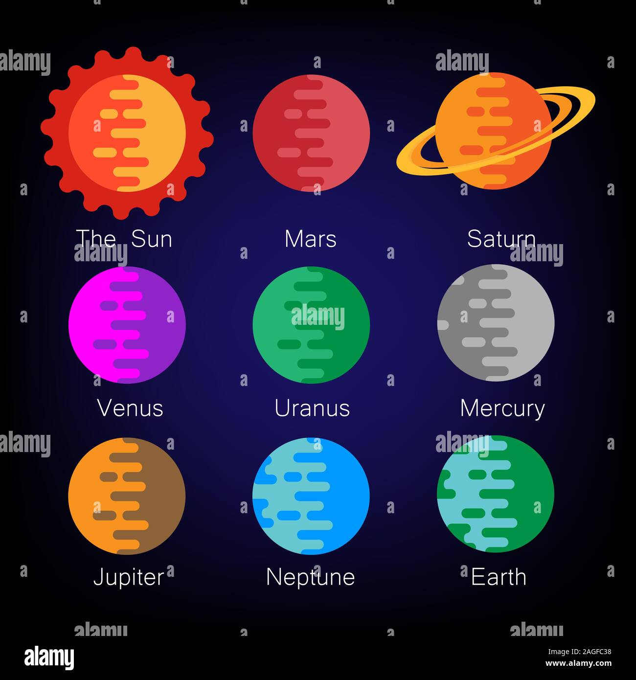 Colorate Sistema Solare pianeti vector icon set. illustrazione vettoriale EPS. 10. Illustrazione Vettoriale