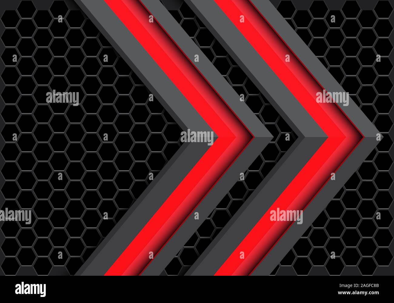 Abstract twin grigio rosso nella direzione della freccia sul buio maglia esagonale pattern design moderno la tecnologia avveniristica sfondo illustrazione vettoriale. Illustrazione Vettoriale
