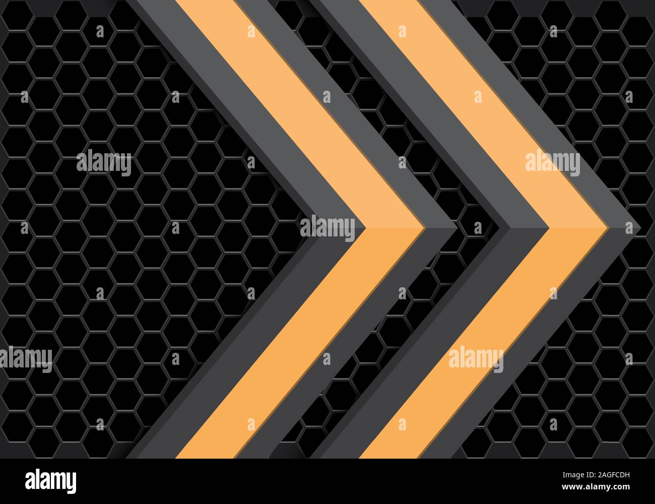 Abstract giallo grigio nella direzione della freccia sul buio maglia esagonale pattern design moderno la tecnologia avveniristica sfondo illustrazione vettoriale. Illustrazione Vettoriale