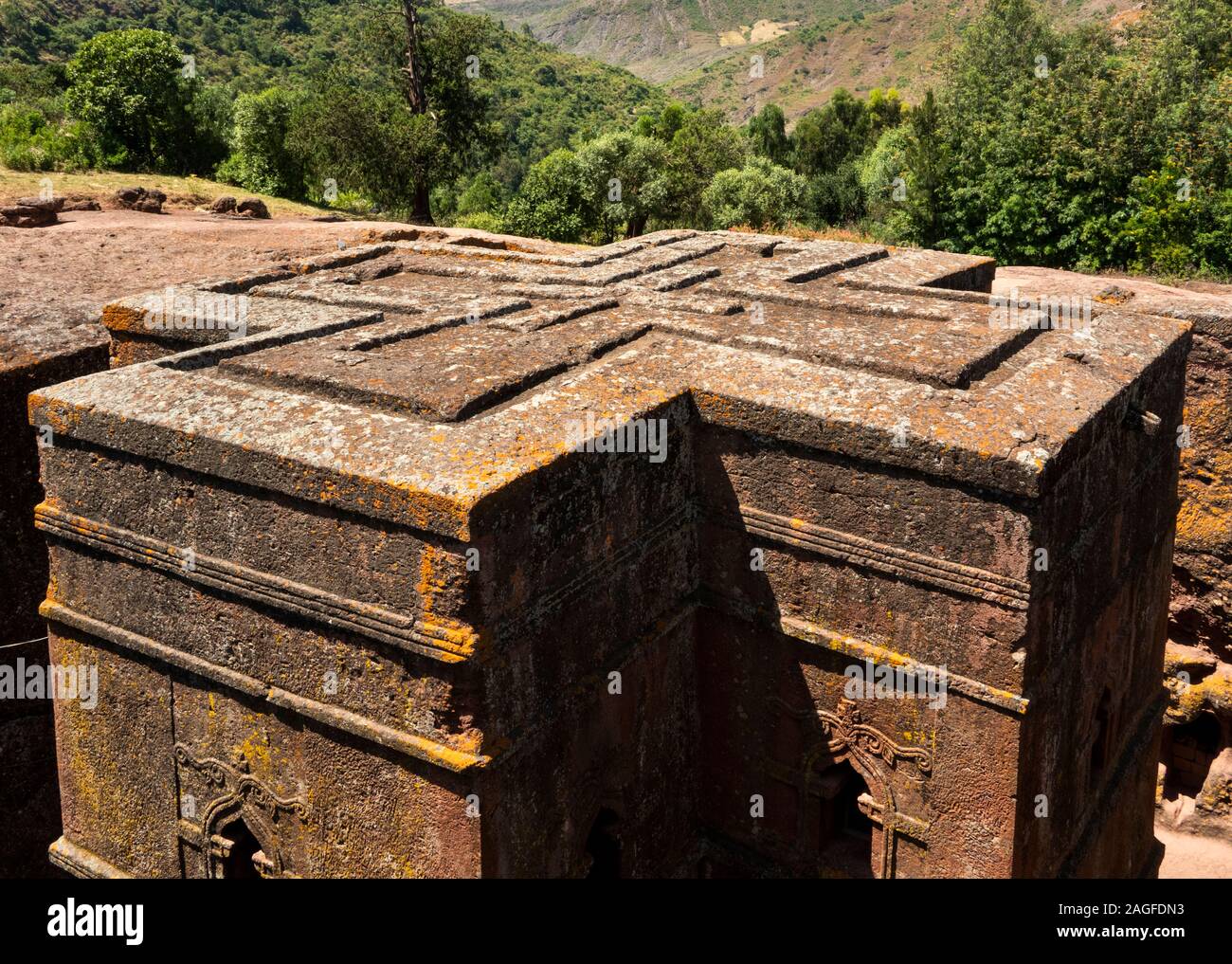 Etiopia, Amhara Region, Lalibela, Bet Giyorgis, St George's Lailibela solo scoperto rock cut chiesa Foto Stock