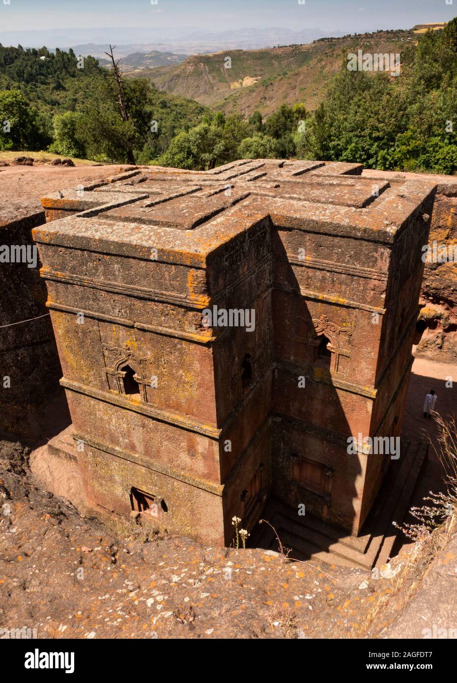 Etiopia, Amhara Region, Lalibela, Bet Giyorgis, St George's Lailibela solo scoperto rock cut chiesa Foto Stock