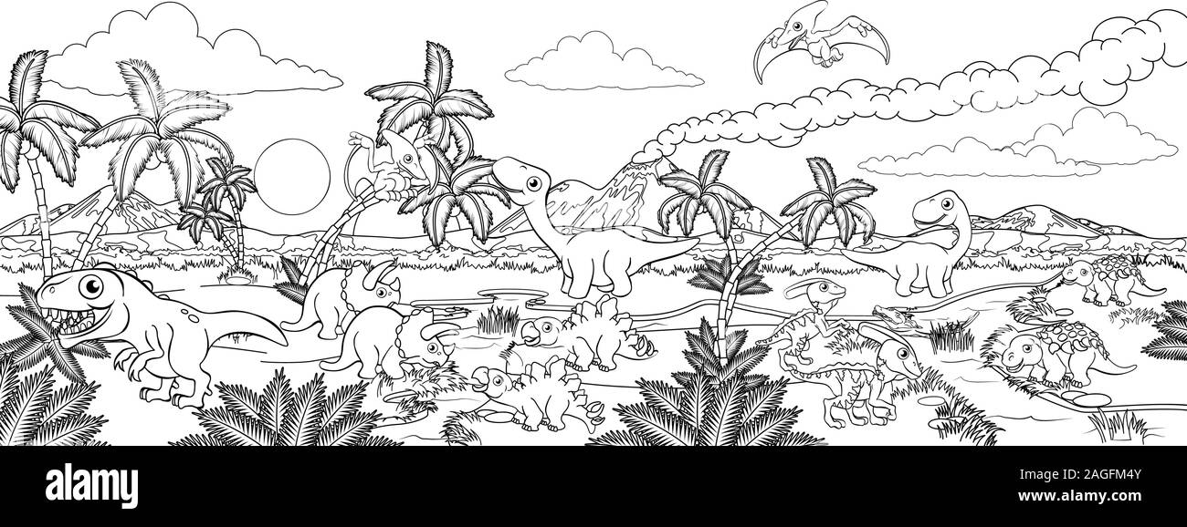 Cartoon di dinosauri preistorici scena paesaggio Illustrazione Vettoriale