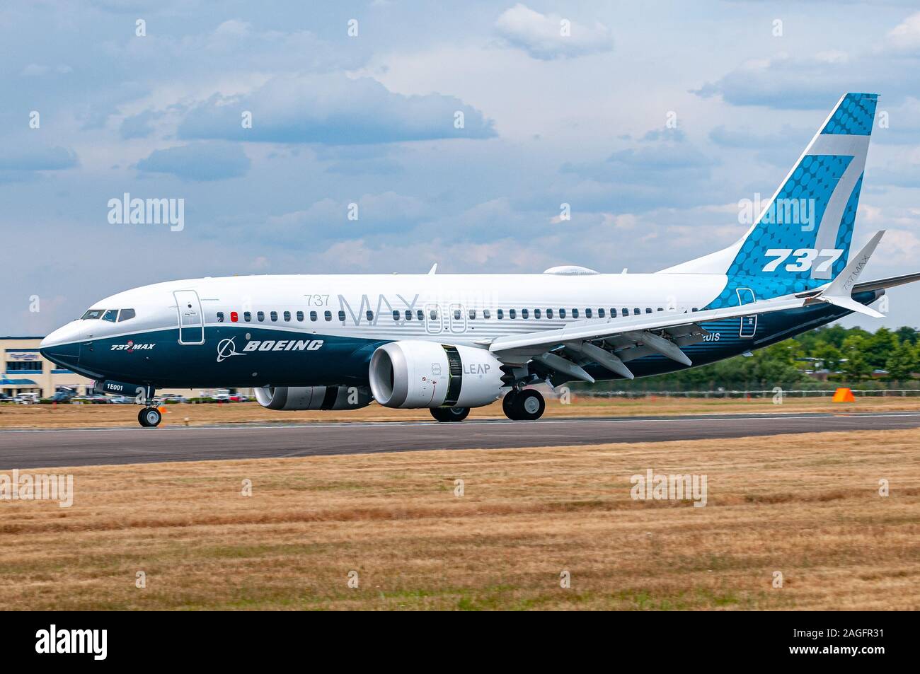 WASHINGTON, DC, Stati Uniti - Luglio 16, 2018: Boeing 737-7 MAX visualizzazione a Farnborough Airshow internazionale nel mese di luglio 2018 Foto Stock