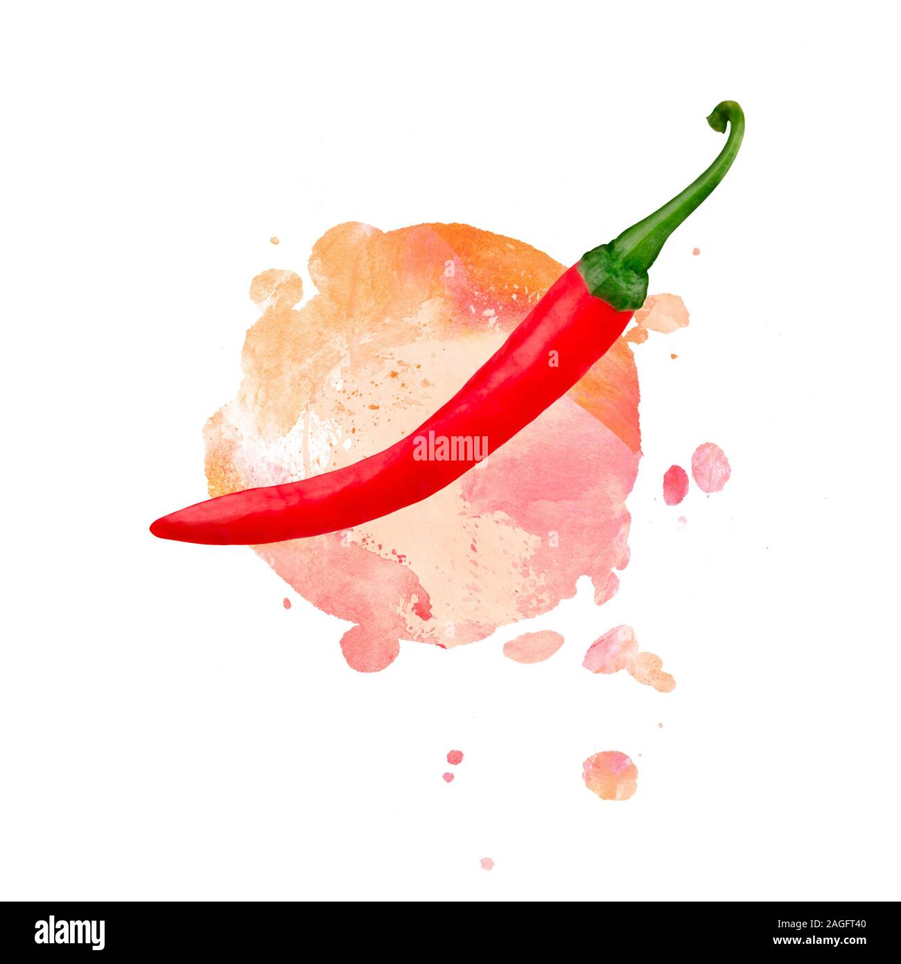 Un red hot chili pepper con un acquerello texture di sfondo, isolata su uno sfondo bianco, un elemento di design per un menù del ristorante Foto Stock