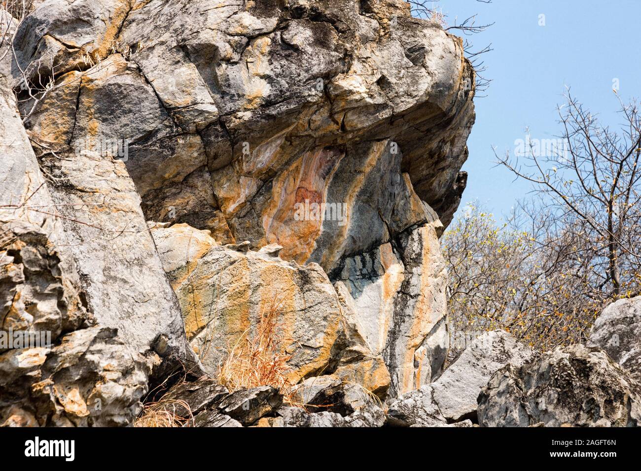 Colline di Tsodilo, pitture rupestri di leone, Louvre del deserto, colline isolate nel deserto di kalahari, Botswana, Africa Meridionale, Africa Foto Stock
