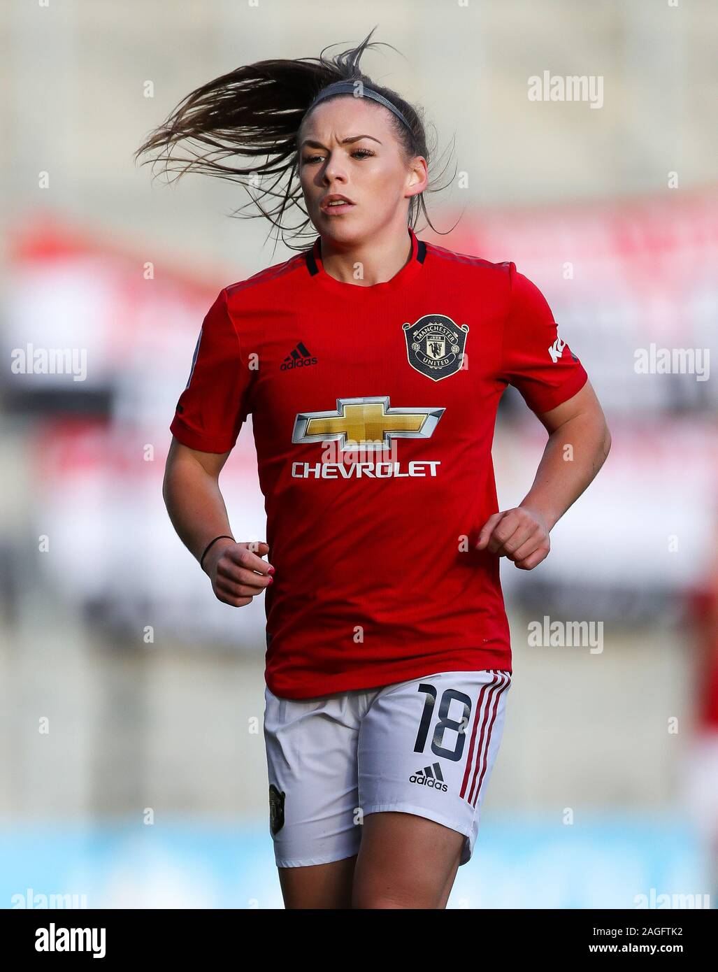 Kirsty Hanson di Manchester United durante la partita della Super League femminile fa al Leigh Sports Village Stadium di Manchester. Foto PA. Data immagine: Domenica 8 dicembre 2019. Vedi PA storia CALCIO uomo Utd Donne. Il credito fotografico dovrebbe essere: Barry Coombs/PA Wire. RESTRIZIONI: Nessun utilizzo con audio, video, dati, elenchi di apparecchi, logo di club/campionato o servizi "live" non autorizzati. L'uso in-match online è limitato a 120 immagini, senza emulazione video. Nessun utilizzo nelle scommesse, nei giochi o nelle pubblicazioni di singoli club/campionati/giocatori. Foto Stock