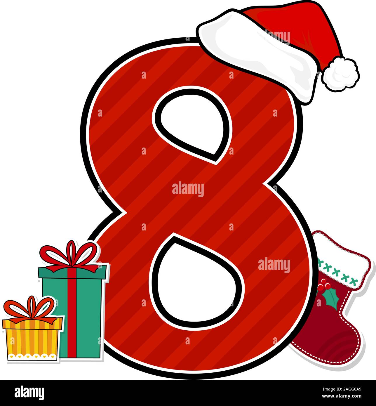 Numero 8 con red santa's hat e Natale design elementi isolati su sfondo bianco può essere utilizzato per la stagione di vacanze card, nursery decorazione o c Illustrazione Vettoriale